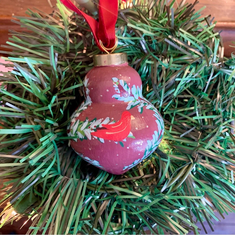 Hand-painted Ceramic Ornament with Snowy Branches and Red Birds